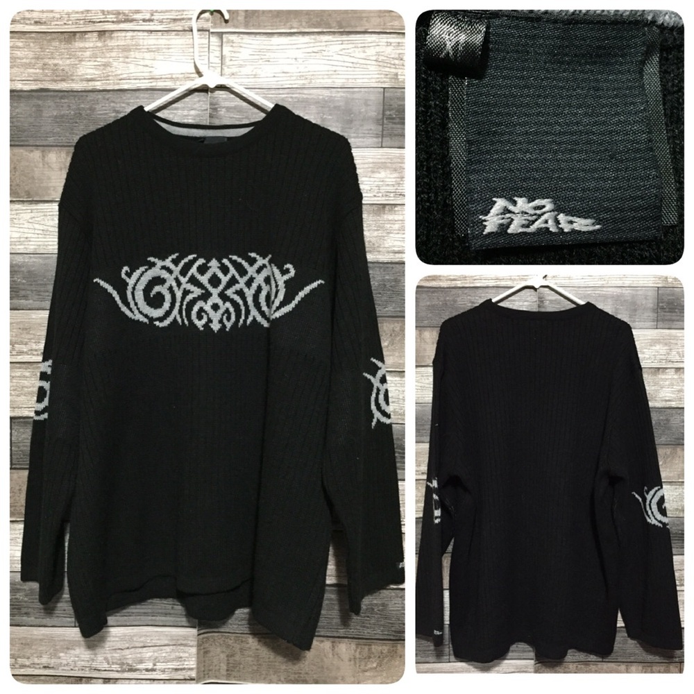 Vtg No Fear Sweater Men’s XL Black Tribal Print Acrylic Pullover Crewneck